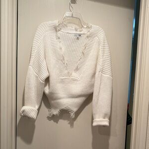 Fashion Nova Cream Frayed V-Neck Sweater